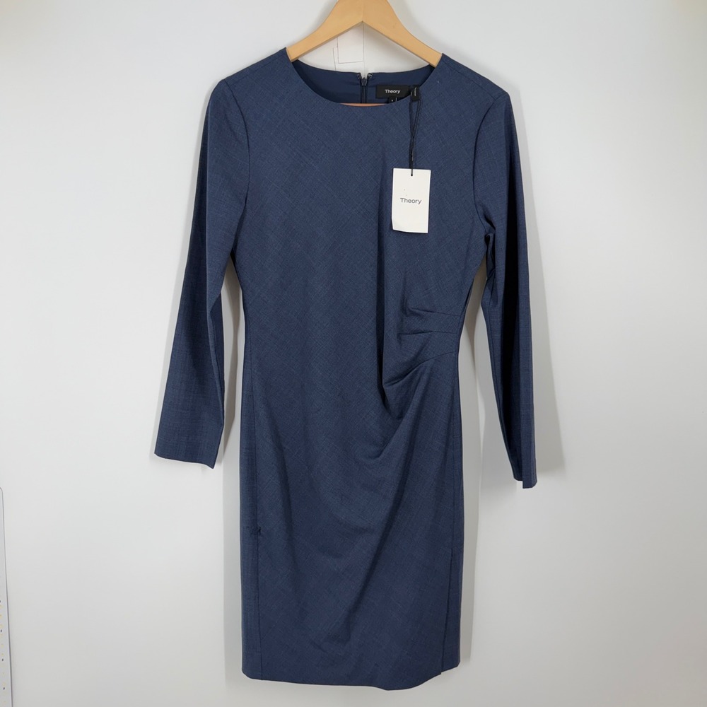 Theory Side Fold Dress Ocean Melange Blue Wool Blend Size 8 I071604R Flaw